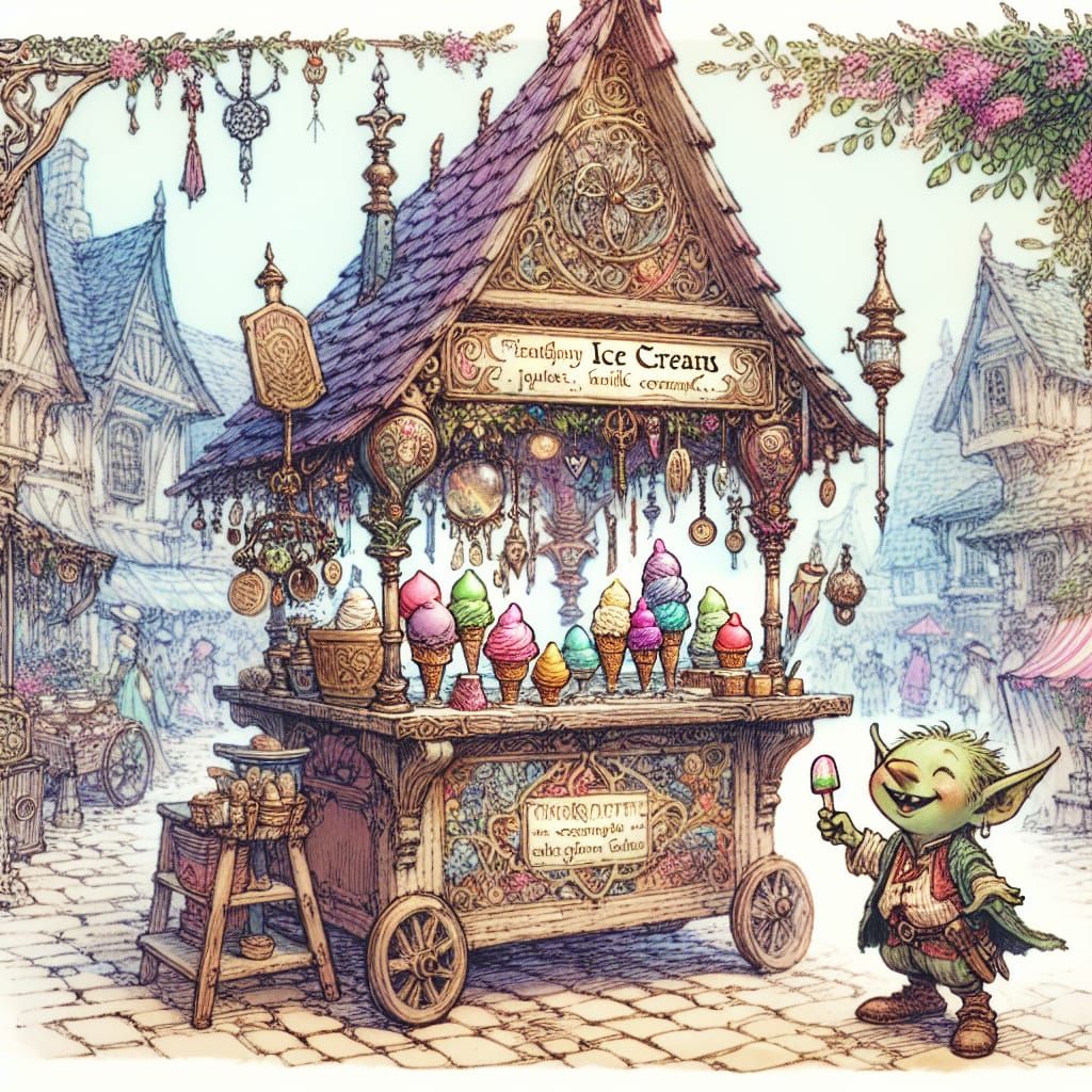 Joyful Goblin Ice Cream Merchant in Fantasy Market
