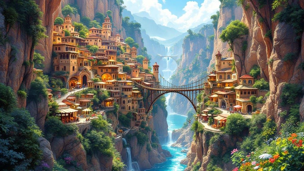 Dreamlike Canyon Cityscape in Whimsical Art Style