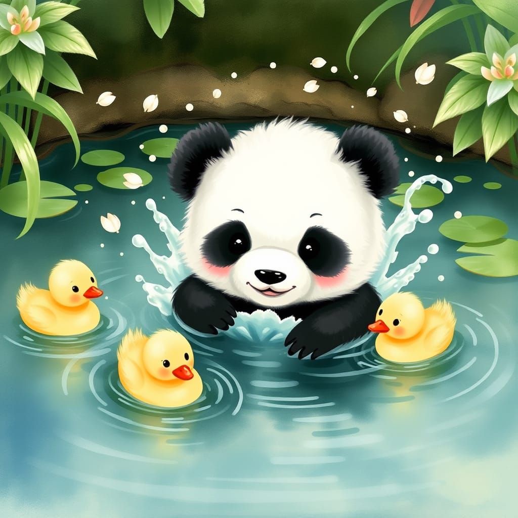 Whimsical Baby Panda Plays with Ducklings in a Serene Water ...