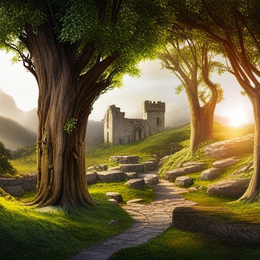 Medieval Castle Ruins in Detailed Matte Painting