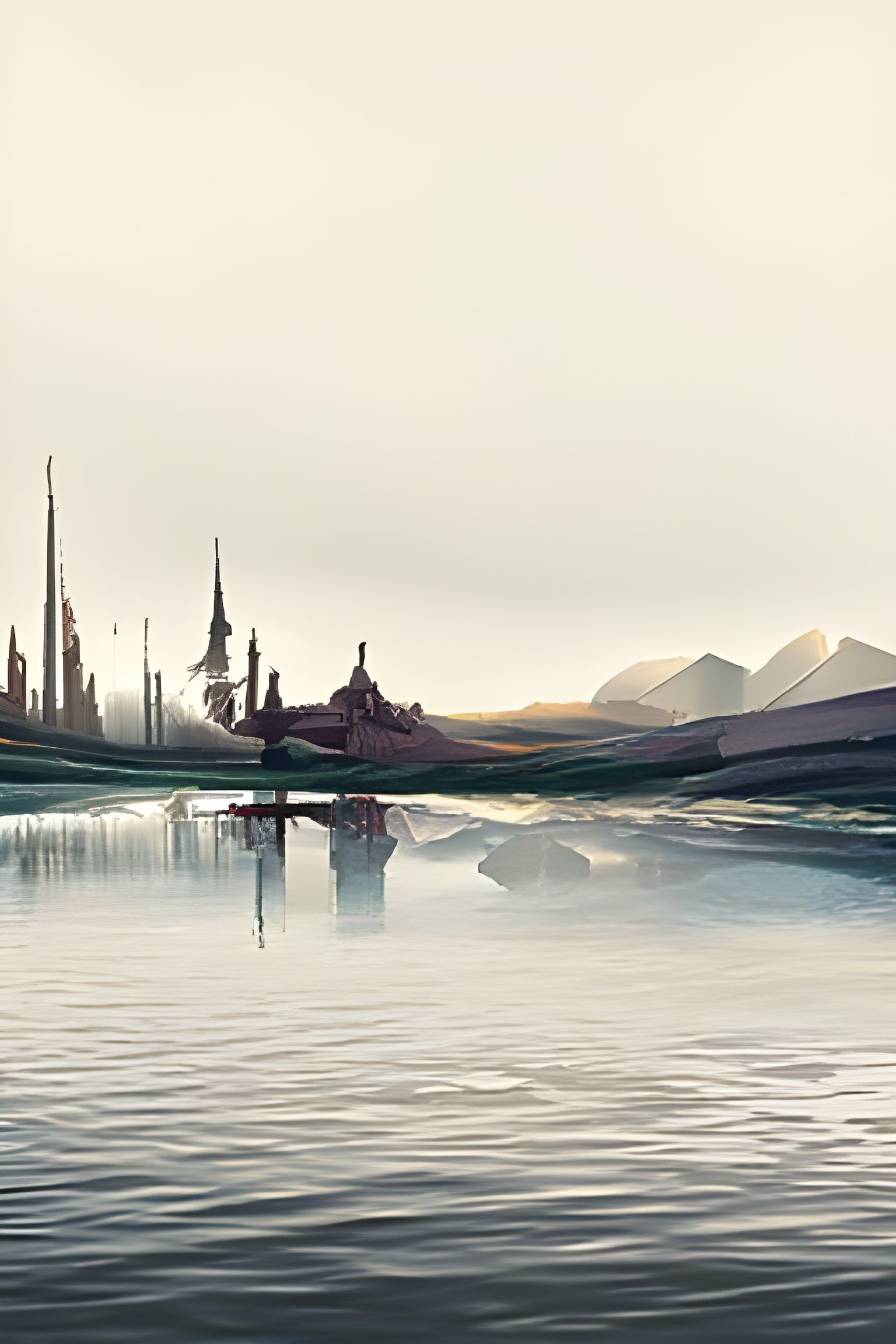 Ethereal Cityscape Reflected in Fog: Fantasy Landscape