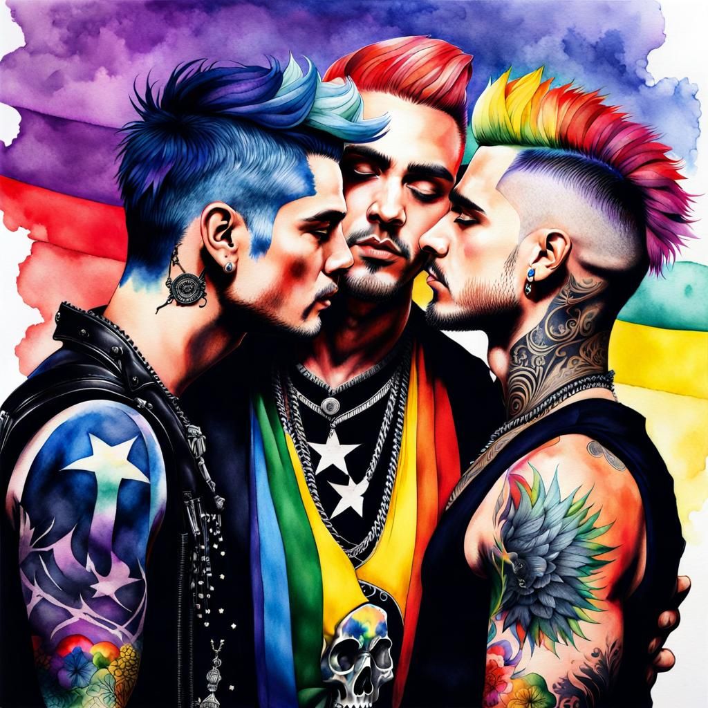Gay Goth Trio Embracing in Watercolor Splash Art
