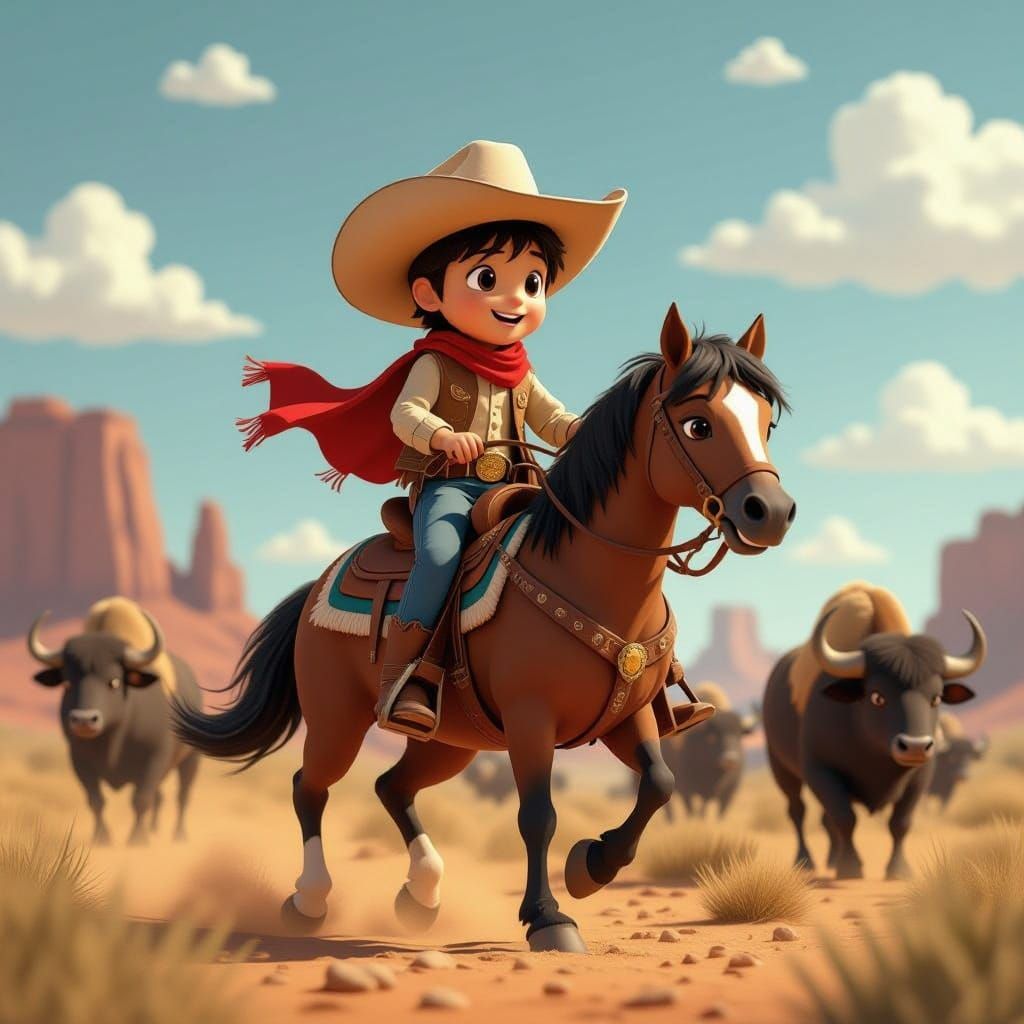 Indigenous Cowboy Boy Leads Buffalo Herd in Western Anime St...