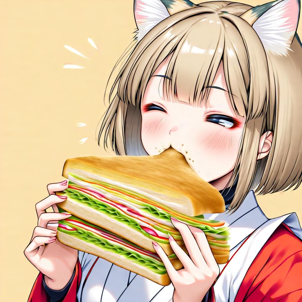 Pretty Japanese woman eating スナネコサンド Sand cat sandwich