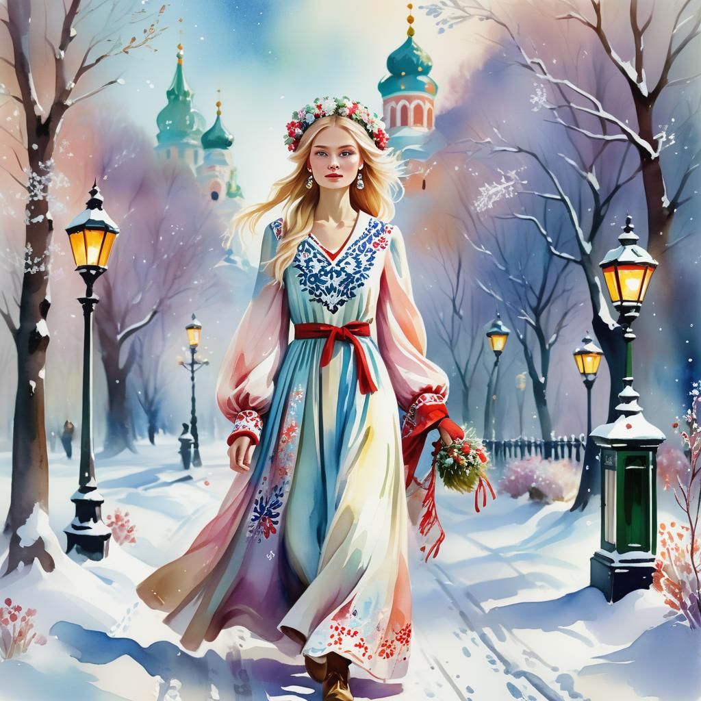 Russian Model in Snowy Moscow, Impressionist Watercolor