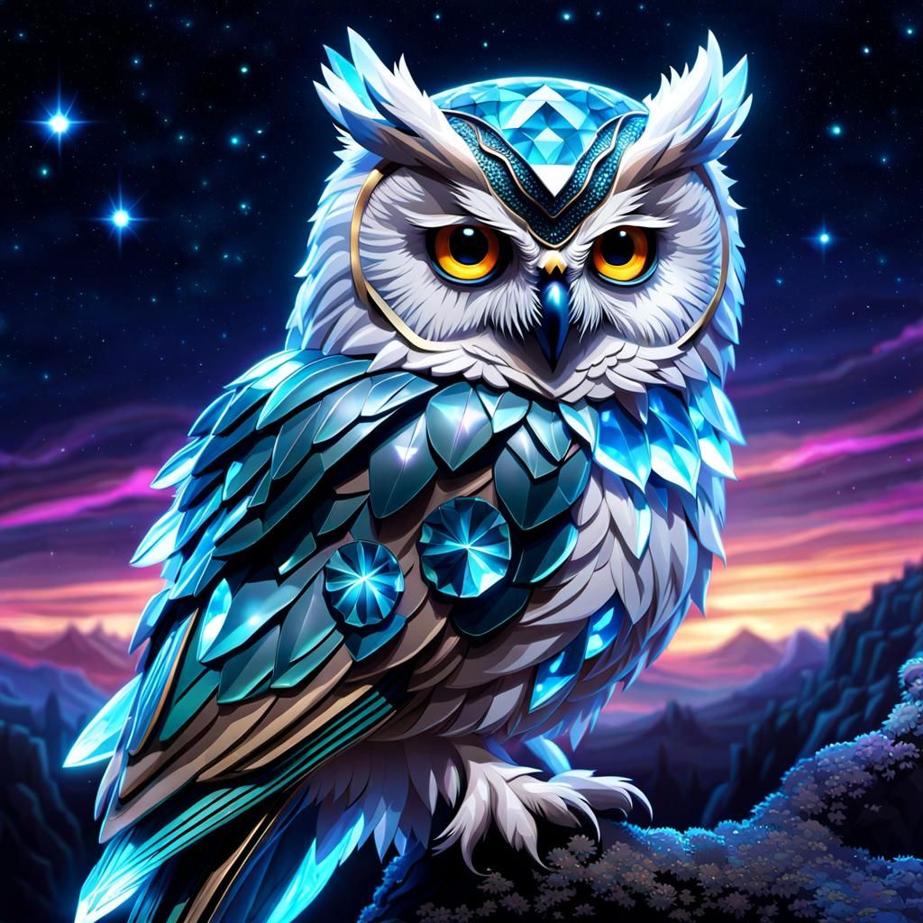 Bioluminescent Crystal Owl in Anime Style