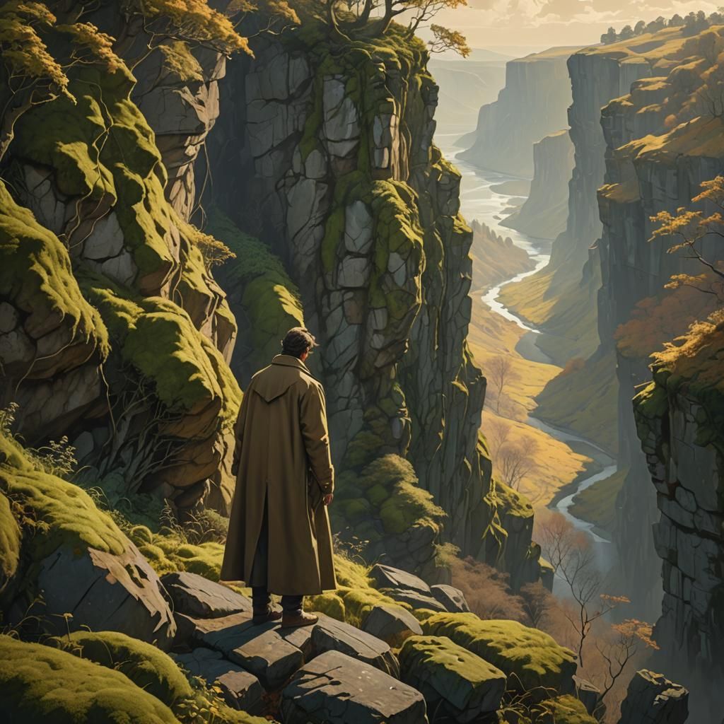 Moody Figure at Cliff's Edge in Hyper-Realistic Style