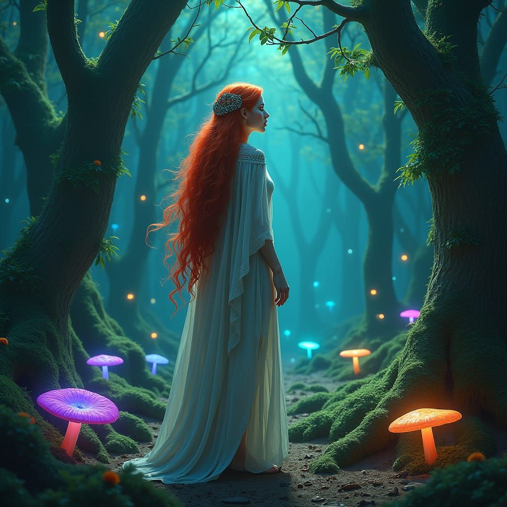 Mystical Redhead in Luminous Forest