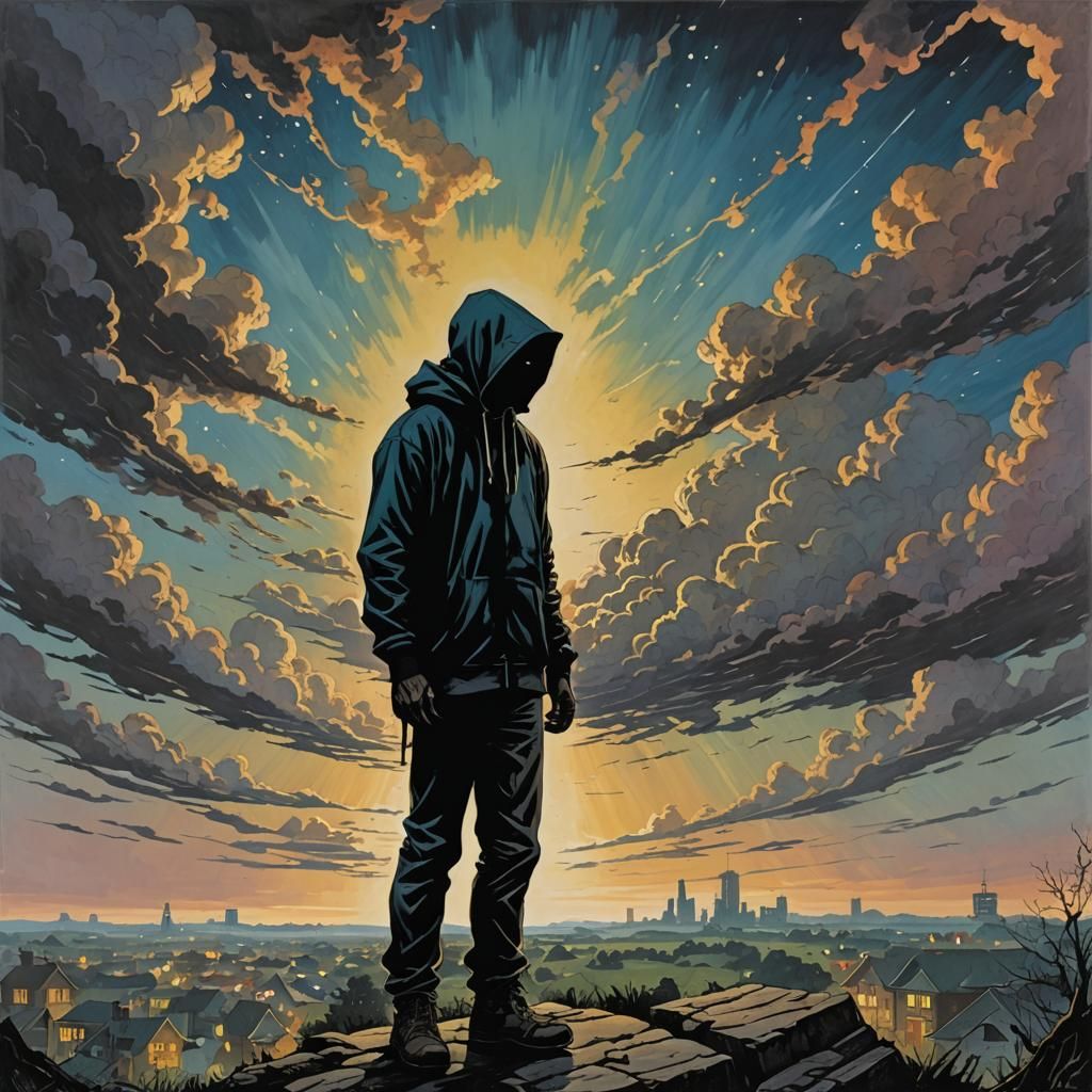 Silhouette Soaring Over Small Town in Pulp Art Style