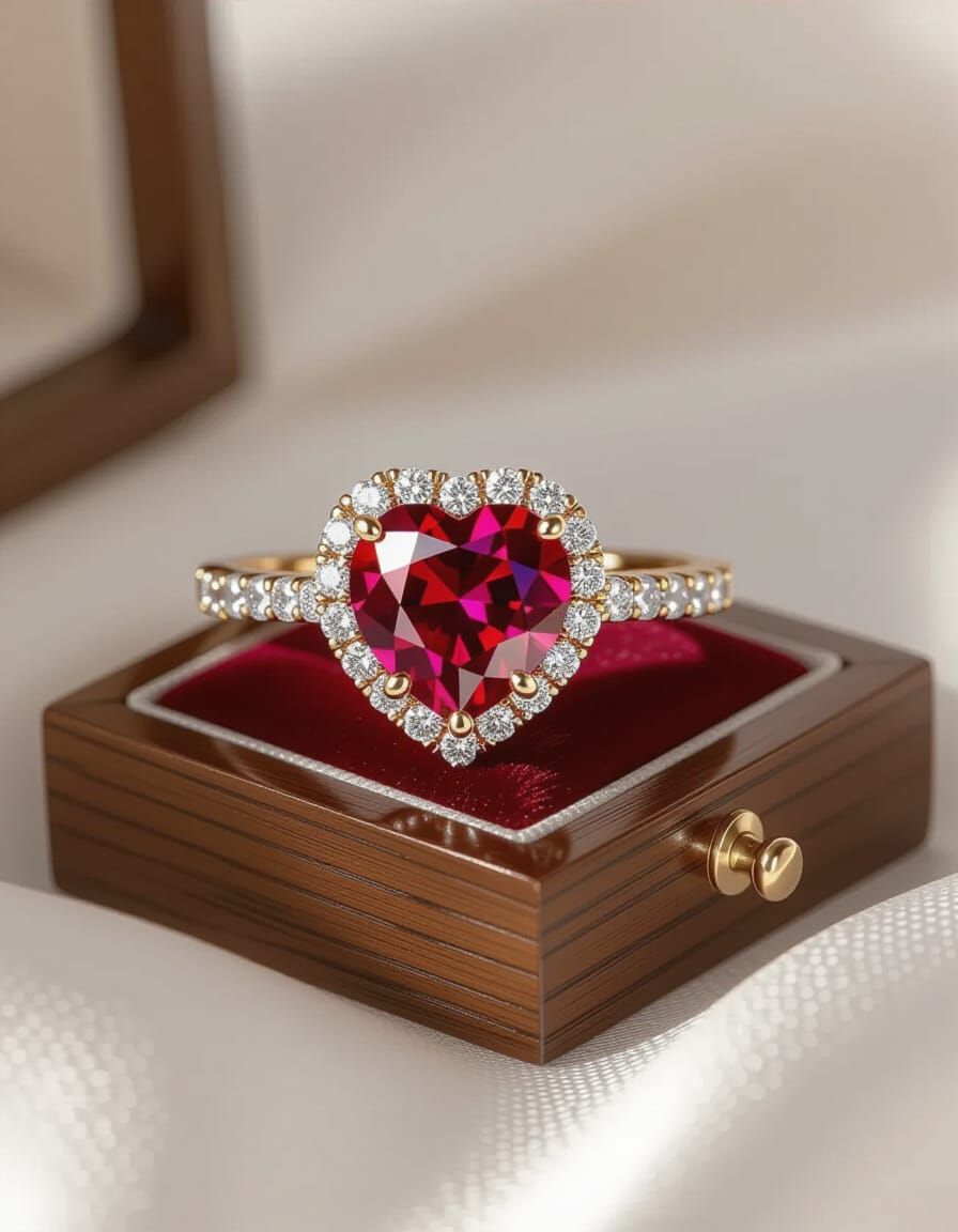 Intricate Ruby Heart Wedding Ring in 3D Style