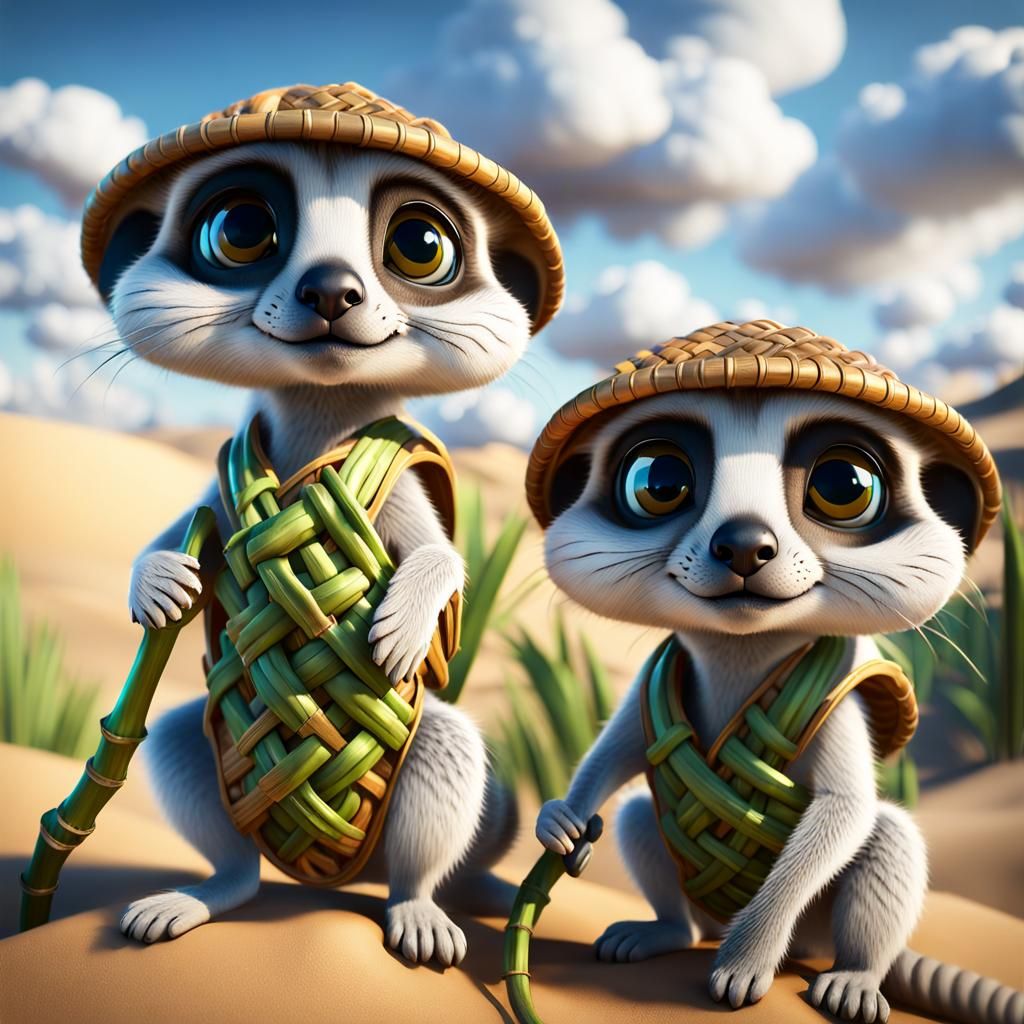Chibi Meerkats in Bamboo Helmets Fight Snake