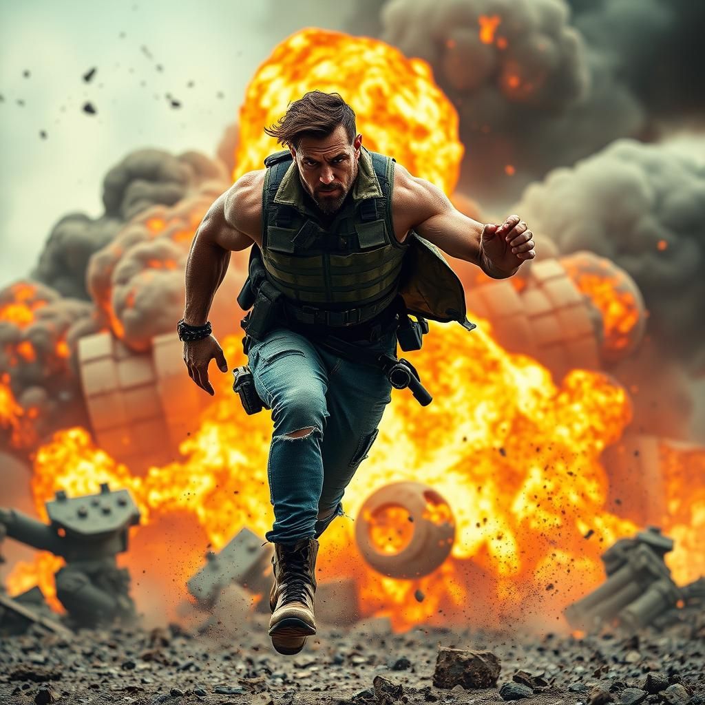 Explosive Action Hero Leaps in 90s Movie Poster Style