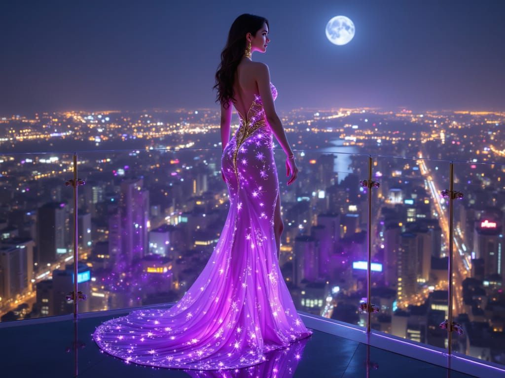 Brunette Woman in Glowing Purple Dress on Balcony