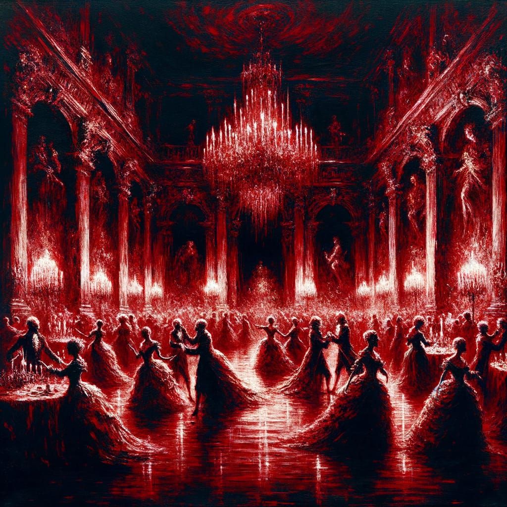 Baroque Ballroom Scene in Red with Gothic Horror Elements