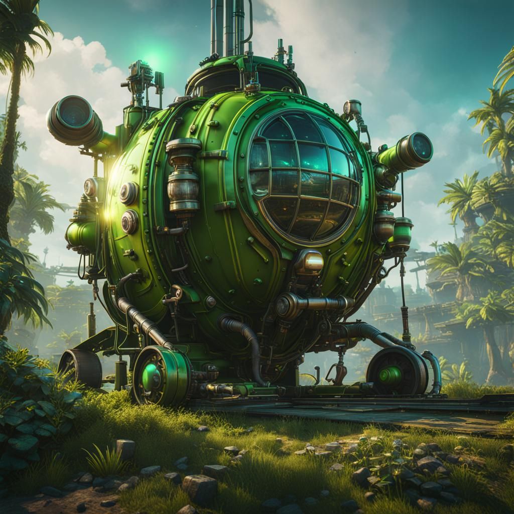 Dieselpunk Diving Bell with Green Glow, 3D Render