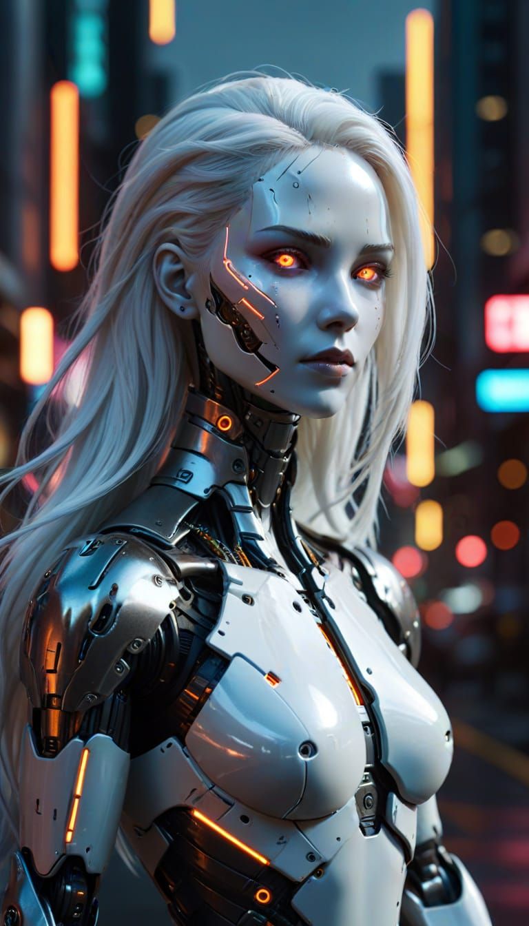 Cyberpunk Gynoid Android in Neon Cityscape