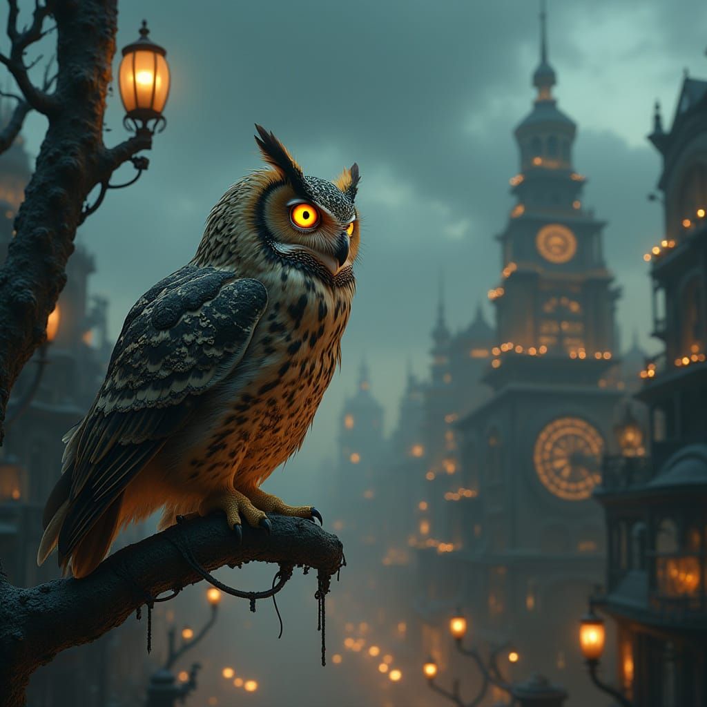 Steampunk Owl Surveys Clockwork Metropolis at Twilight