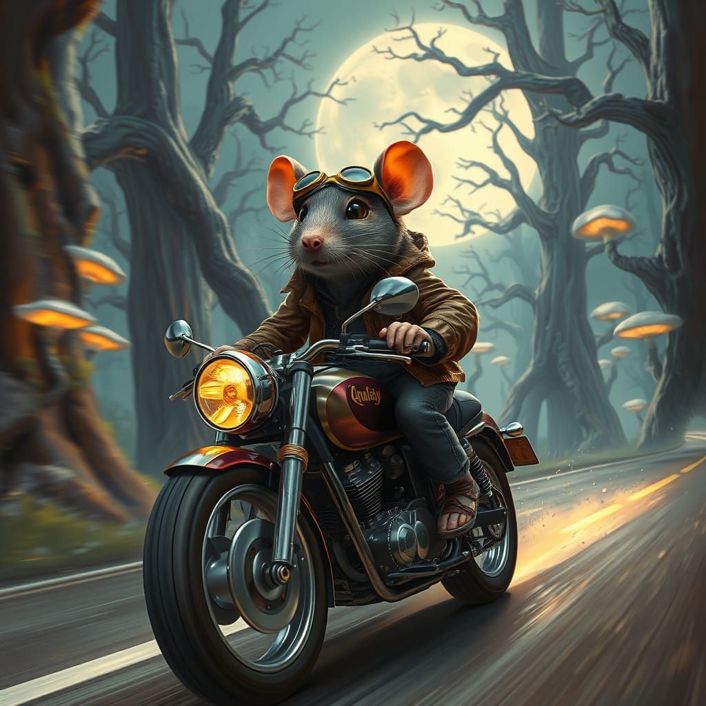 Rat Rides Chrome Motorcycle Down Moonlit Highway