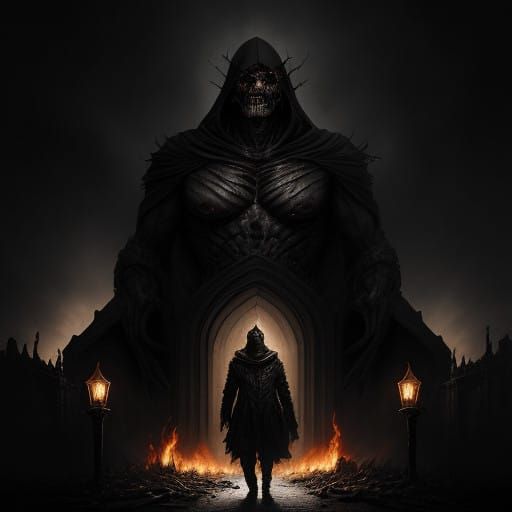 Brooding Figure at Gothic Doorway with Eerie Gargoyles