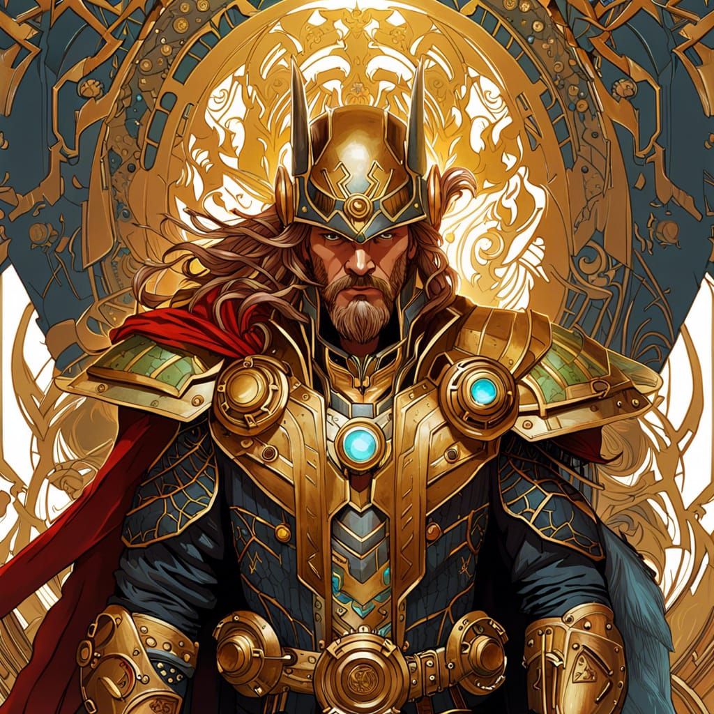 Steampunk Thor with Golden Outlines, Digital Art