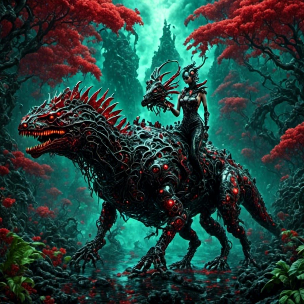 Alien Rider on Dinosaur in Jungle Landscape