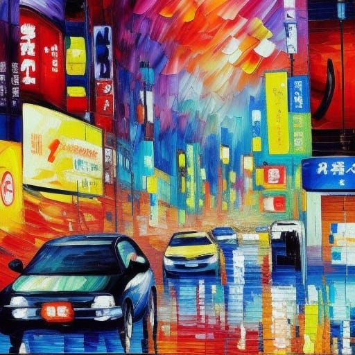 Car Drifting in Tokyo: Expressionist Oil Painting