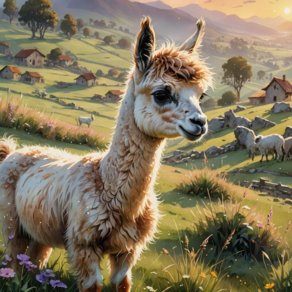 Adorable Chibi Llama in Hyperdetailed Peruvian Pasture