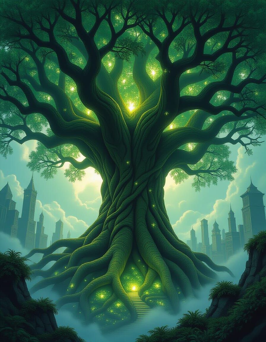 Ancient Colossal Tree Overlooking Cities in Epic Scale
