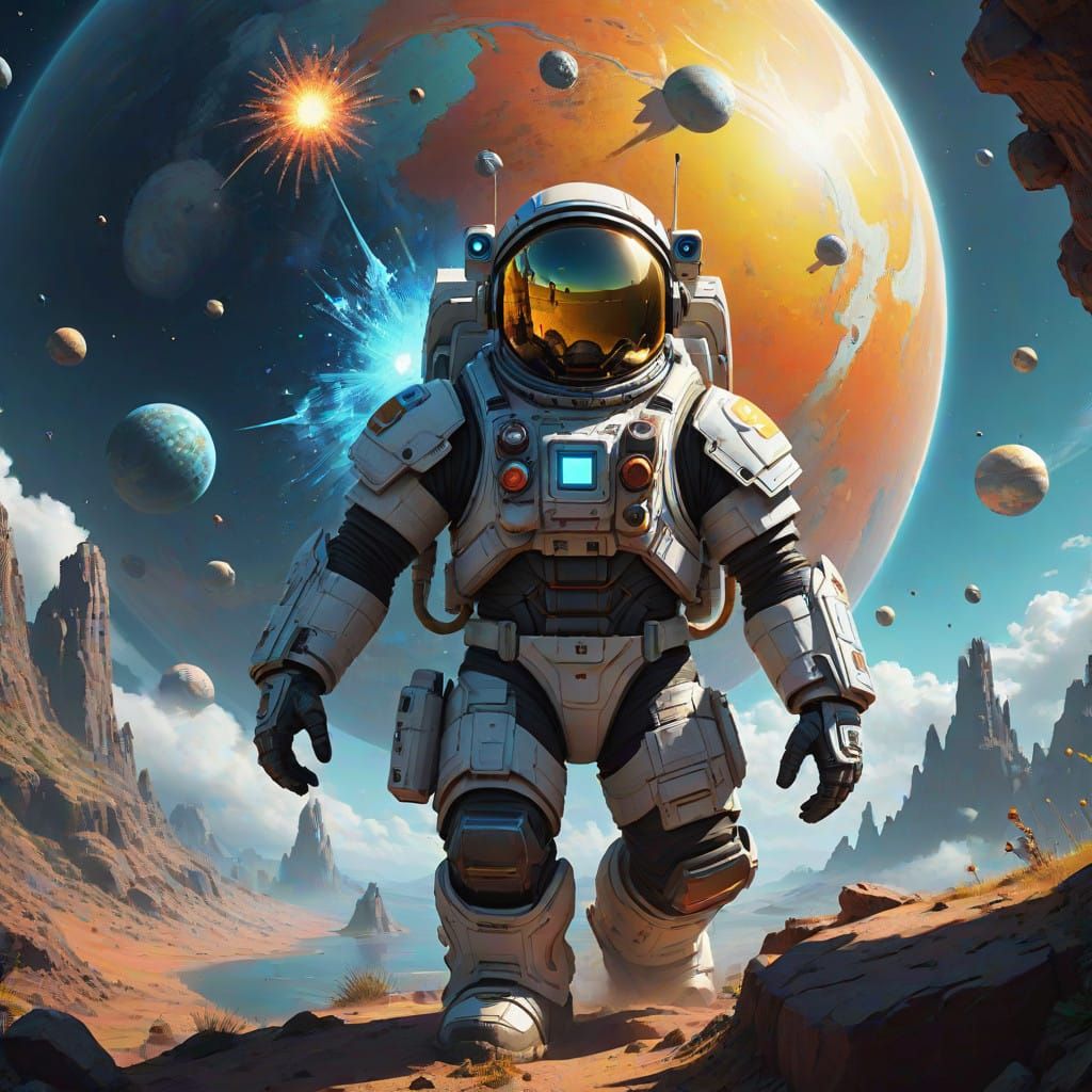 Astronaut Gazing at Vibrant Earth from Dark Planet, with Col...