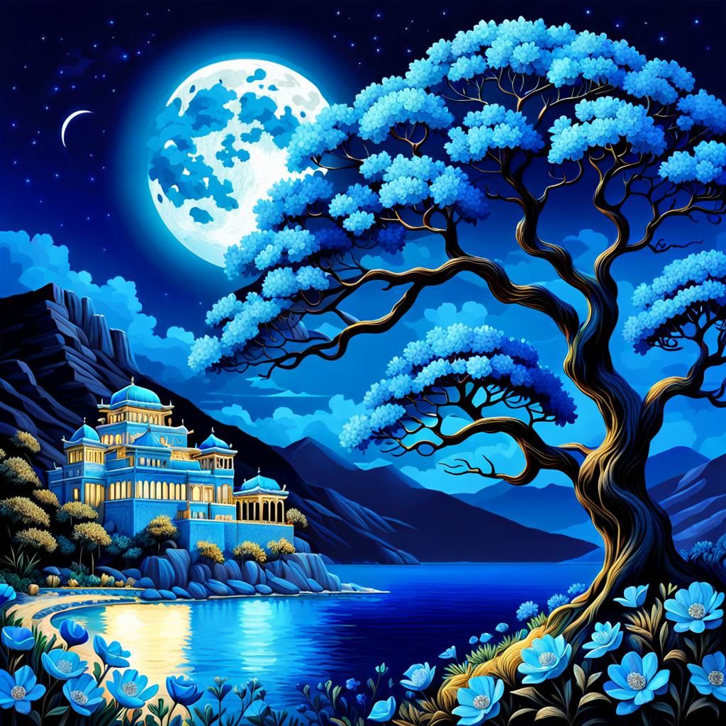 Blue Dreamscape: Tree, Palace, and Sapphire Moon