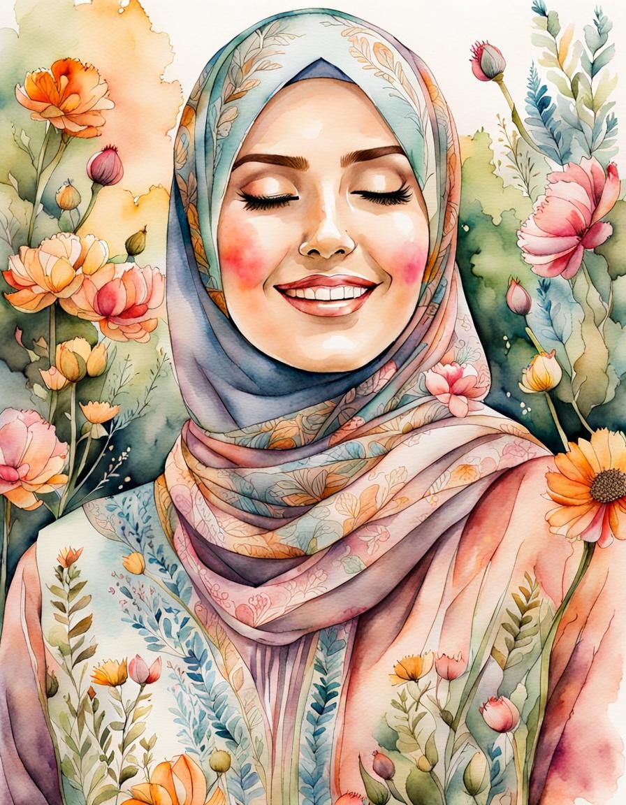 Beautiful Hijabi Woman in Garden: Watercolor Art