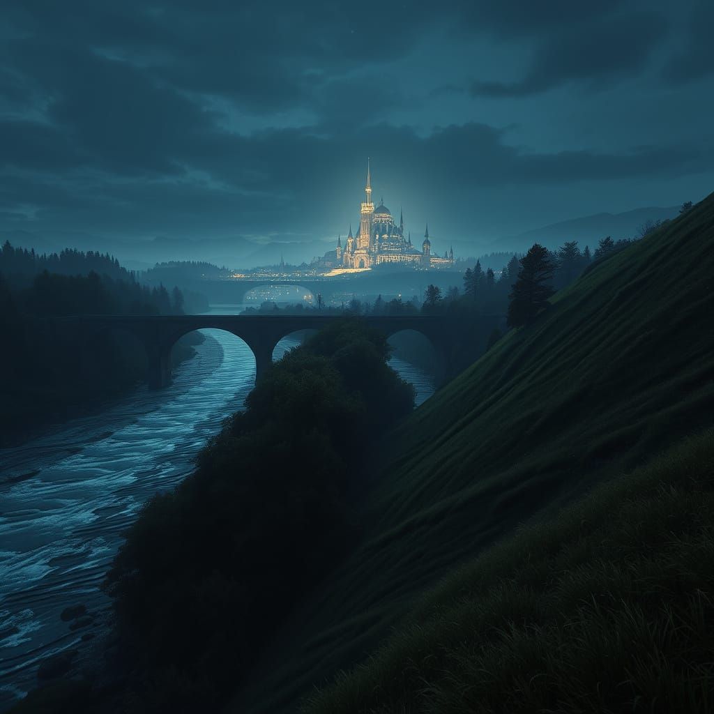 Fantastical Glowing City at Night Over River and Hills