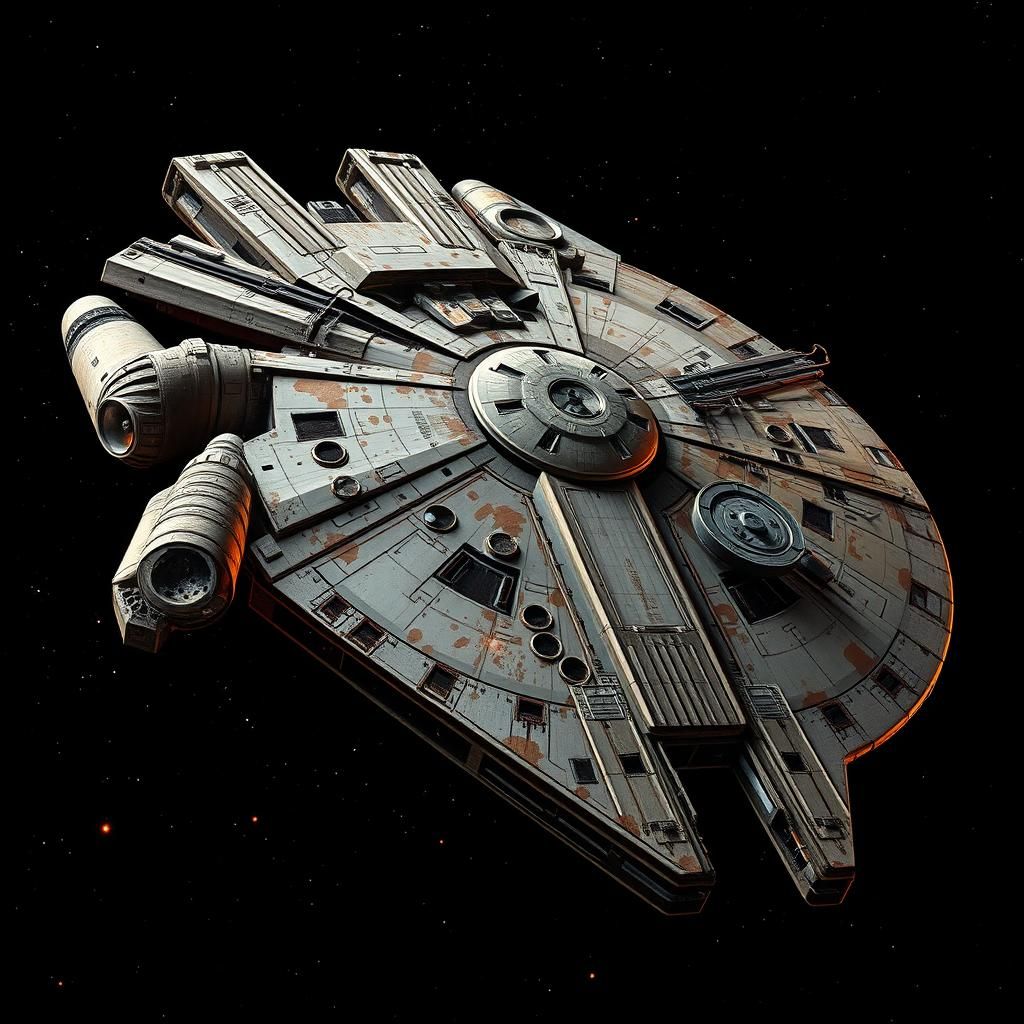 Battle-Scarred Millennium Falcon Spaceship in Industrial Fut...