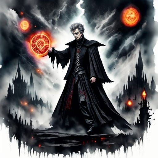 Cyberpunk Dark Mage in Barren Fantasy Landscape