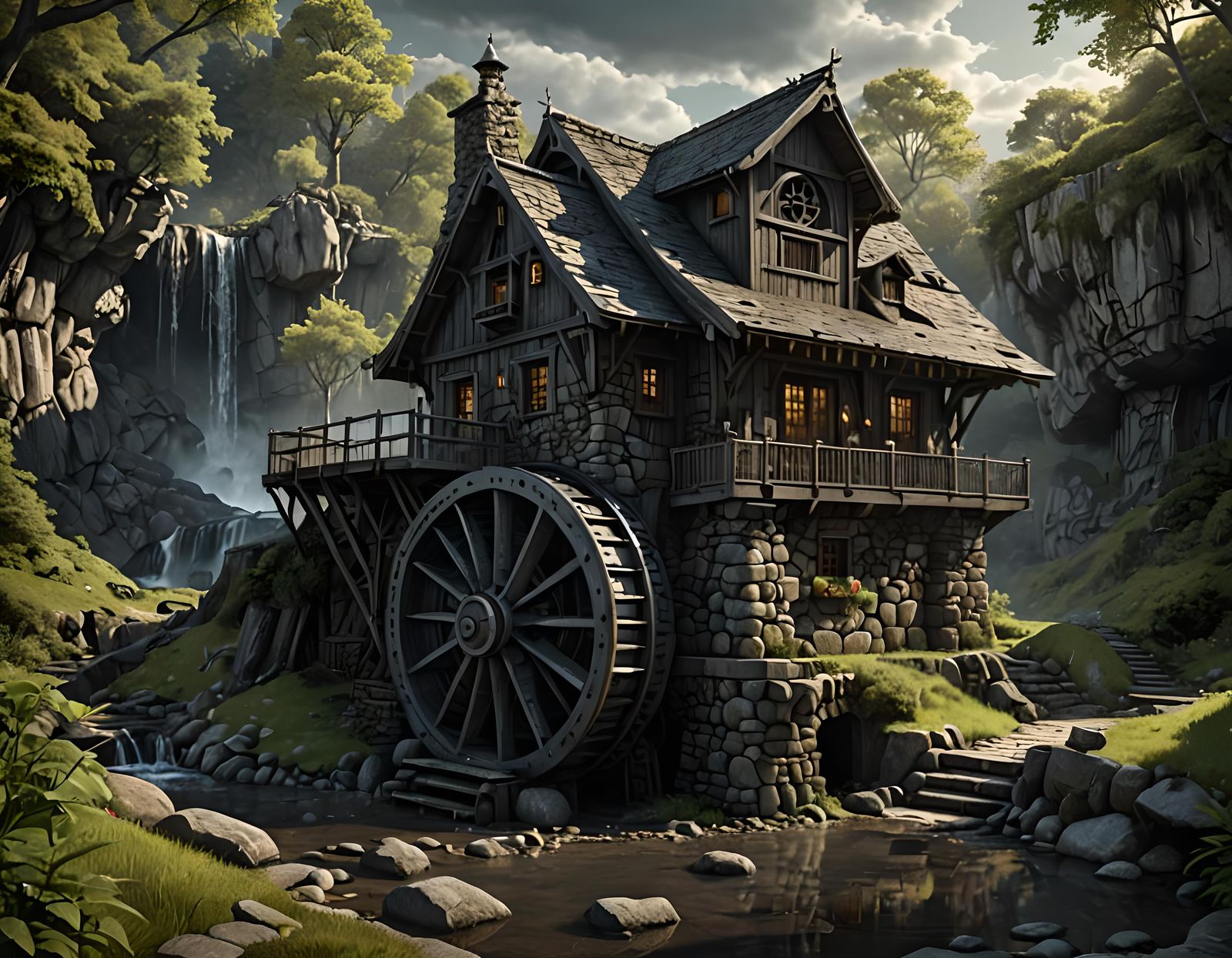 Stone Cabin with Waterwheel: Hyperdetailed Landscape