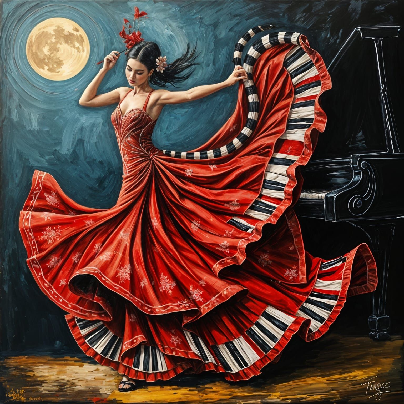 Vibrant Impasto Painting of Flamenco Dancer Fusing with Lemu...