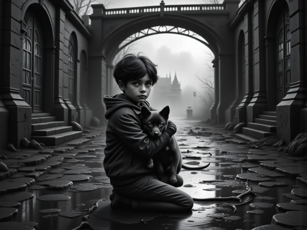 Boy and Puppy Embrace in Dystopian Hellscape