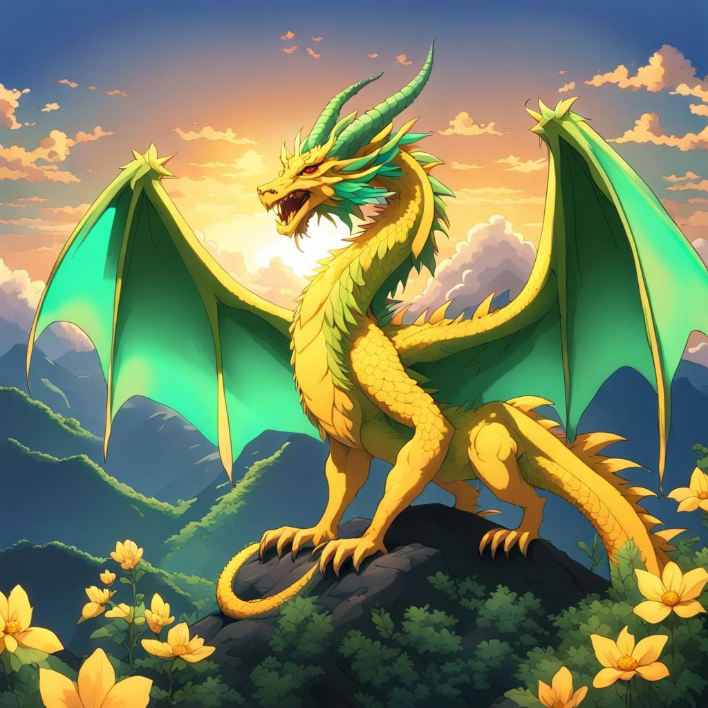 Yellow Dragon Sunset: Anime Style Mountain Vista