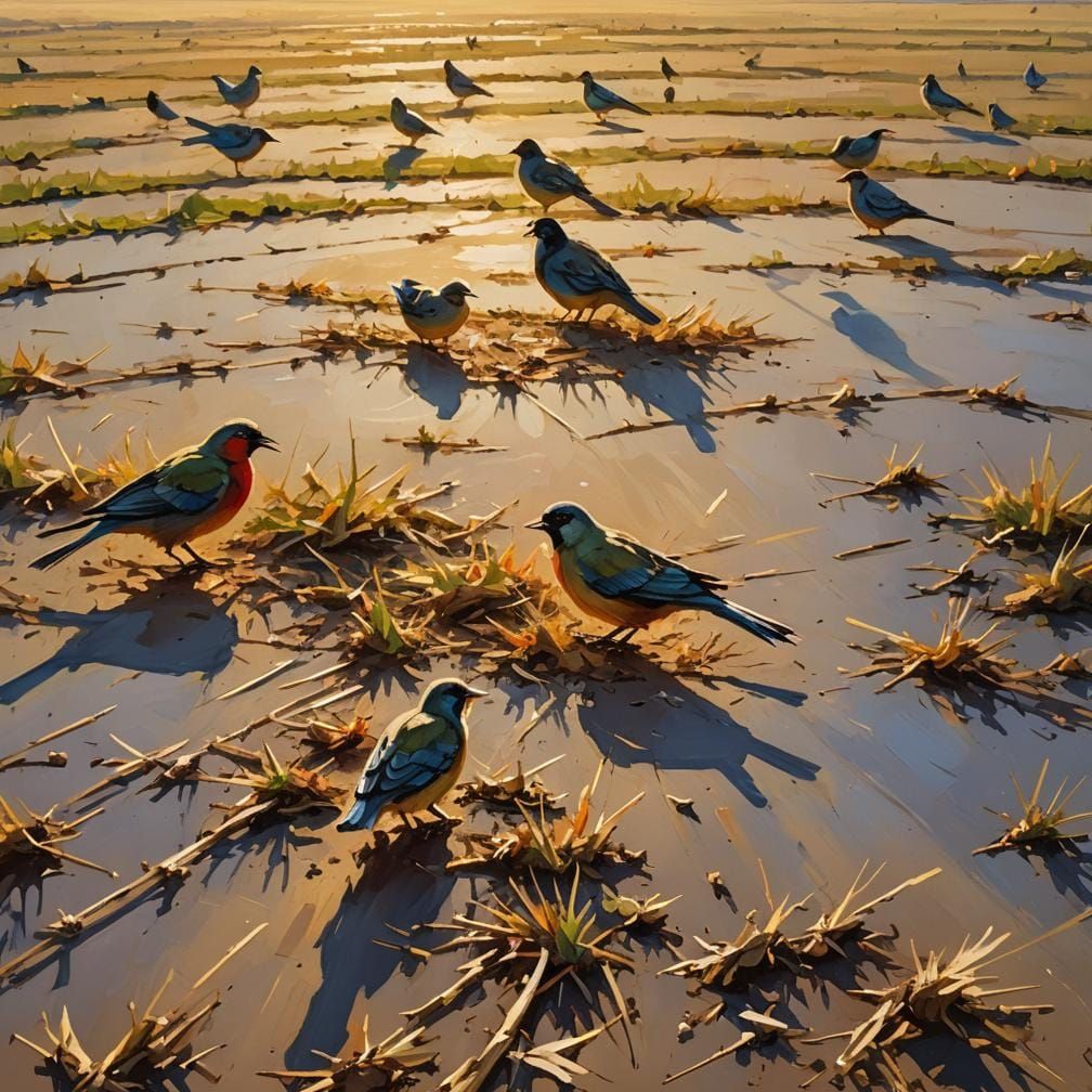 Birds Foraging on a Ploughed Field, in Oil Paint