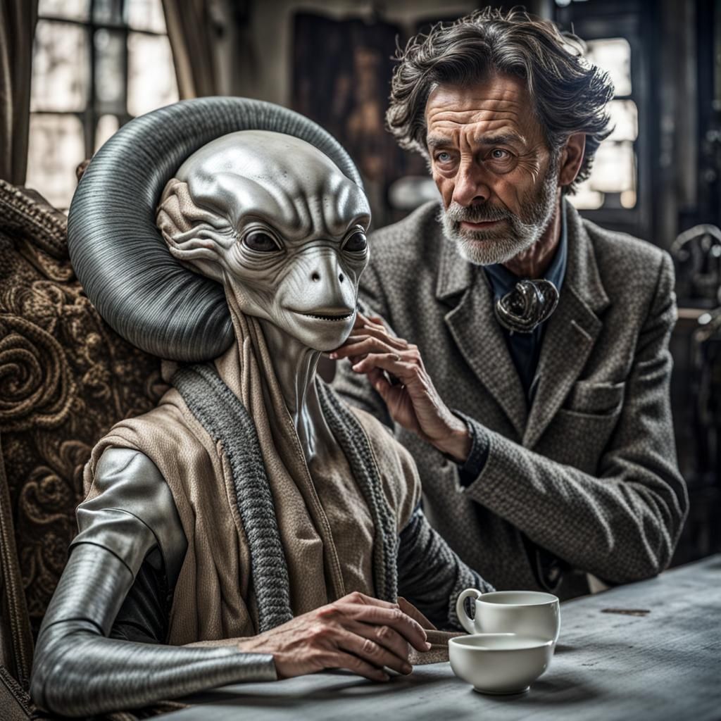 Surreal Alien Restaurant Celebration in Gritty Elegance