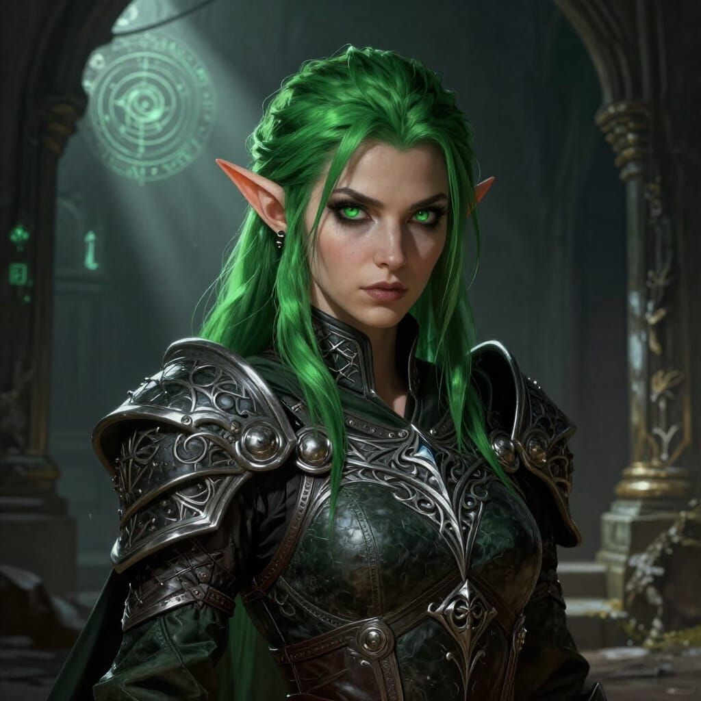 D&D Half-Elf Drow With Green Hair in Ancient Ruins