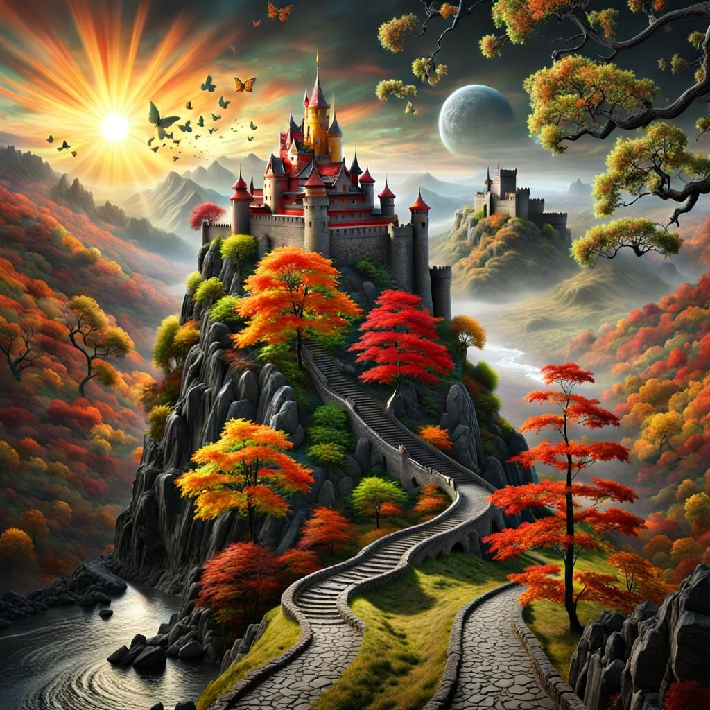 Epic World Tree Castle in Autumnal Landscape