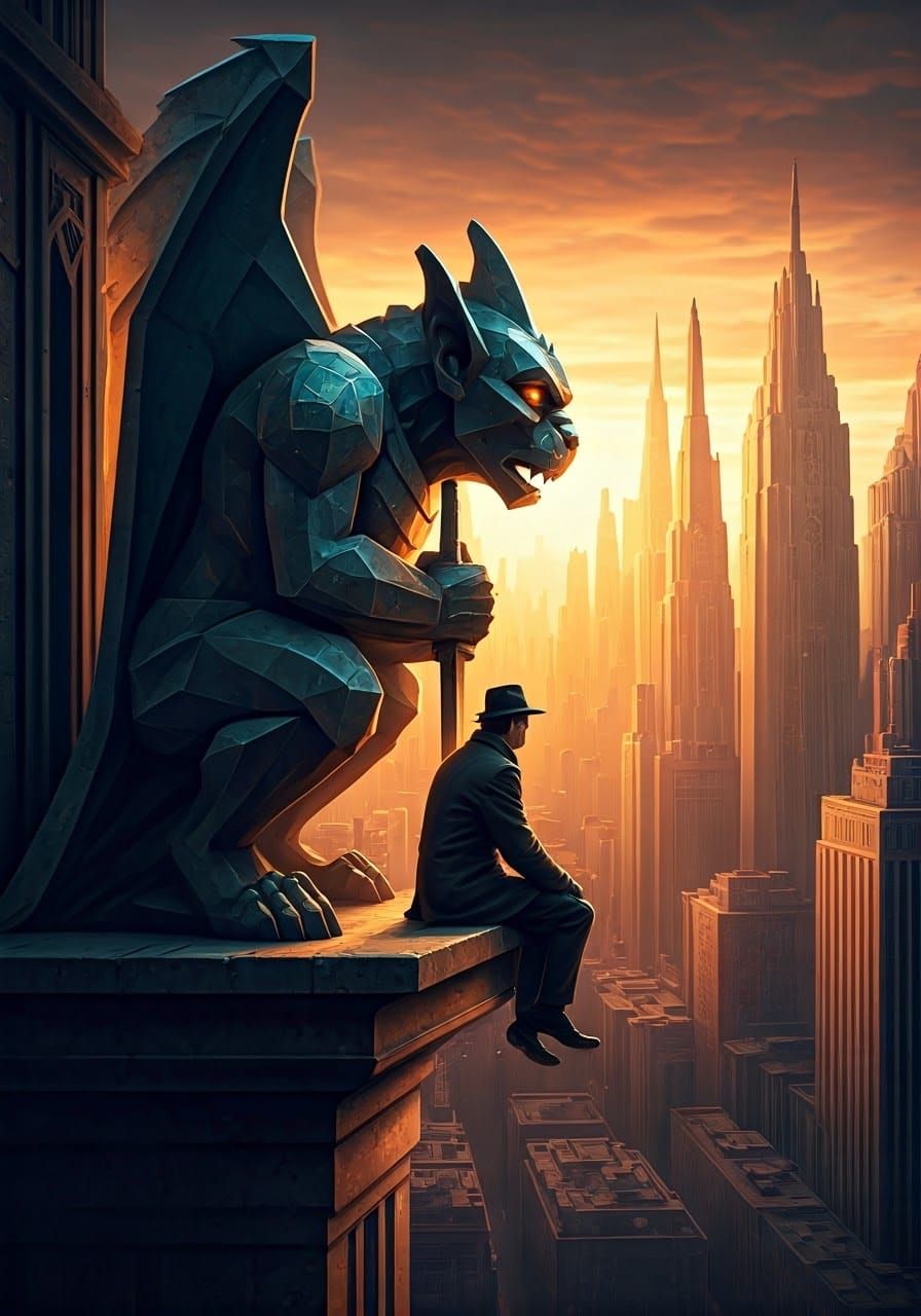 Art Deco Gargoyle and Detective at Sunrise
