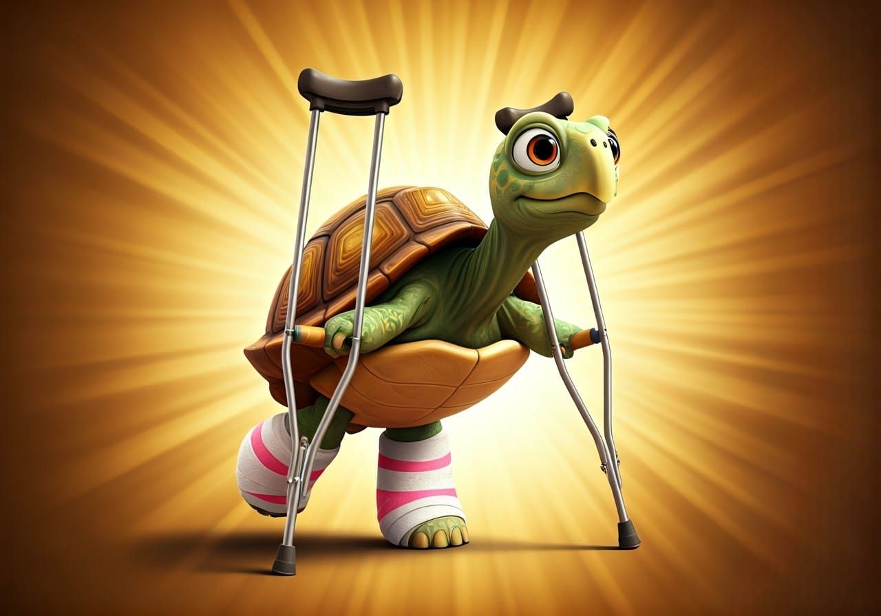 Endearing Turtle with Broken Leg, Pixar-style 3D Render