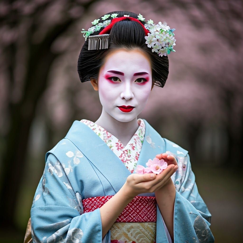 Serene Geisha in Elegant Blue Kimono