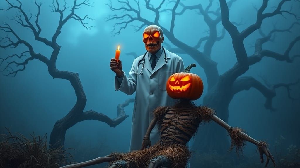 Doctor Jack O'Lantern and the Scarecrow: A Surreal Scene