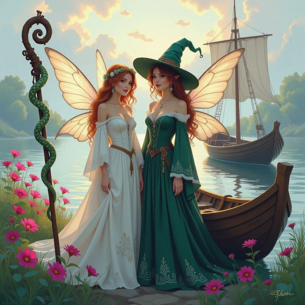 Whimsical Fairy and Witch with Snake and Boat