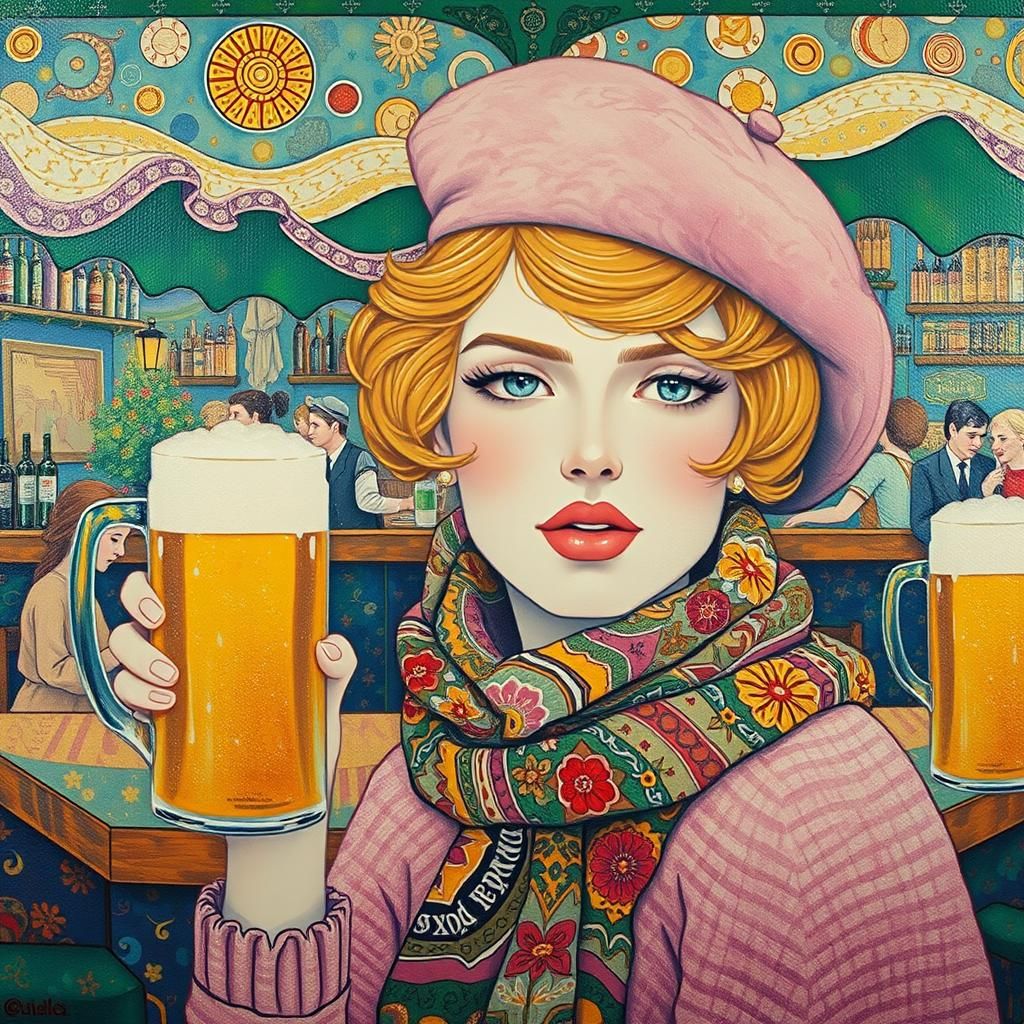 a work of art in the Gustav Klimt style, ""A stunning woman, blond hair, with a thick wool shirt, a hot wool beret, scar...