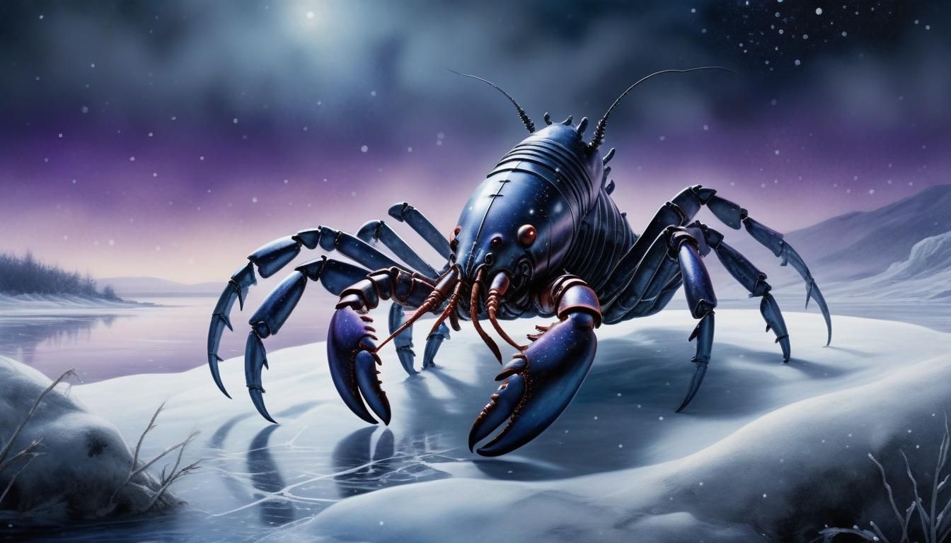 Robot Lobster in Frozen Winter Landscape, Watercolor Art