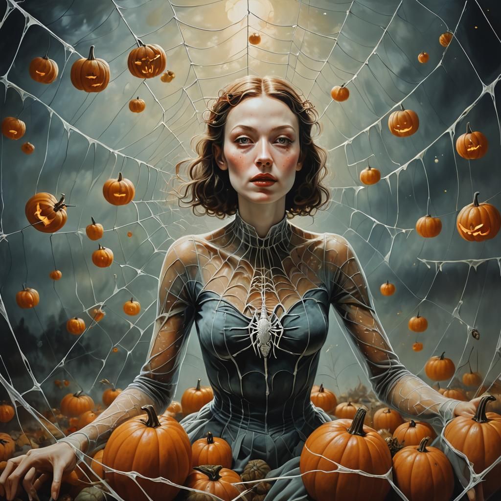 Alien in Spider Web: Surreal Oil Painting